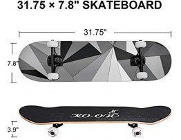 KO-ON Skateboards Complete Skateboard 31 x 7.88 for Kids Youths Teens Beginners and Adults 7 Layers Radial Concave Standard Canadian Maple Deck with Double Kick for Tricks
