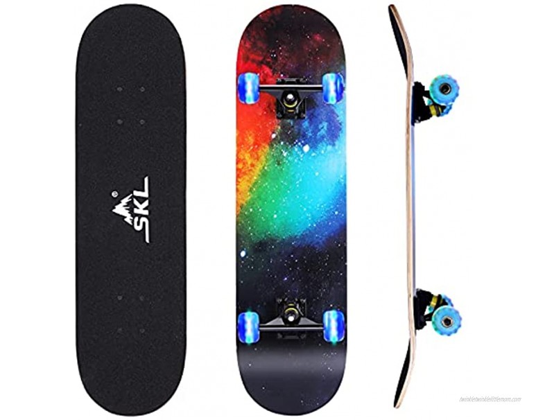 SKL Skateboard 31 x 8 Complete Skateboard with Colorful LED Light Up Wheels for Kids Boys Girls Youths Beginners Adults Teens 9 Layers Canadian Maple Wood Deck Standard Skate Boards