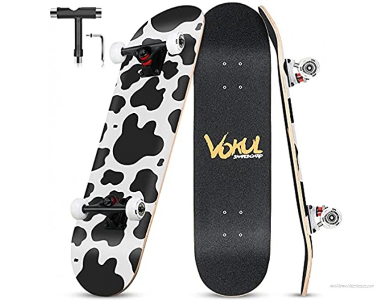 VOKUL Complete Skateboard for Kids Boys Girls Beginners 31 X 8 inch Standard Skateboard with 7 Layer Maple Double Kick Concave Cruiser Skateboard with Beauty Pattern for Kids Youths Adults