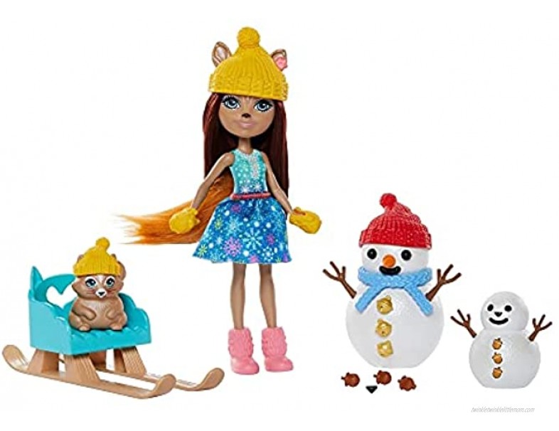 Enchantimals Snowman Face-Off with Sharlotte Squirrel Small Doll 6-in Walnut Animal Figure & 2 Snowman Figures with Removable Stick Buttons Carrot Nose for Building Fun [ Exclusive]