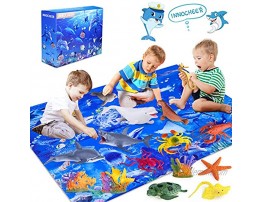 INNOCHEER Ocean Toys with Kids Play Mat Educational Realistic Ocean Sea Animal Toys Playset to Create an Ocean World Including 12 Marine Animals and 3 Plants for Boys & Girls