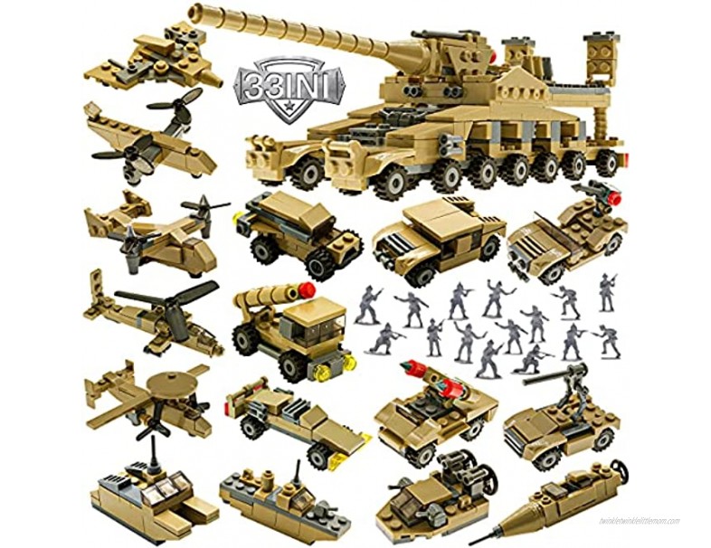 Military Vehicles Building Toys Set STEM Army Toys for 6 7 8 9 10 Year Old Boy Kids Gifts with 544 PCS Army Truck Model Blocks Toy and 20 Little Toy Soldiers 33 in 1 Building Bricks Army Tank